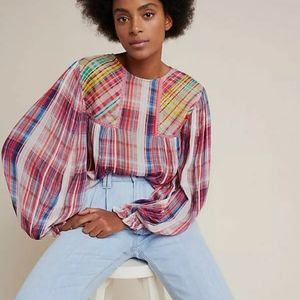 Anthropologie Bl-nk Pink Plaid Peasant Blouse